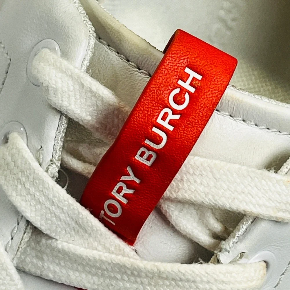 Tory Burch Double T Howell Court Sneaker Women 9 White Red Leather Designer Shoe